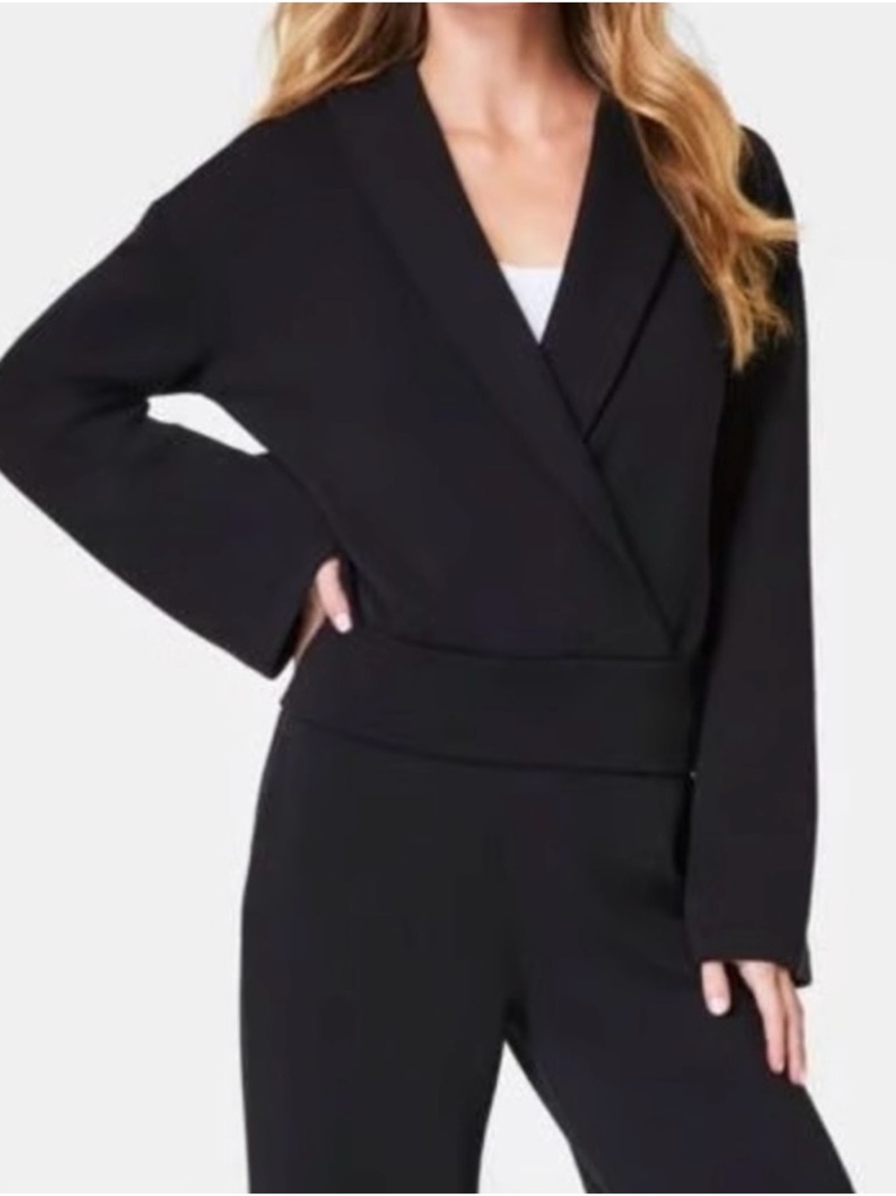 SPANX AirEssentials Shawl Collar Wrap Top Size Small Petite Stretch Long Sleeves